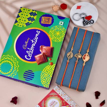 Cadbury 1 Celebration Gift Box With 3 Rakhi 1 Roli Chawal 1 Greeting Card 1 Keychain Assorted Gift Box