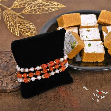 Floweraura Set Of 3 Rudraksha Rakhi With Sweets Gift's For Brother's RakshaBandhan Assorted Gift Box