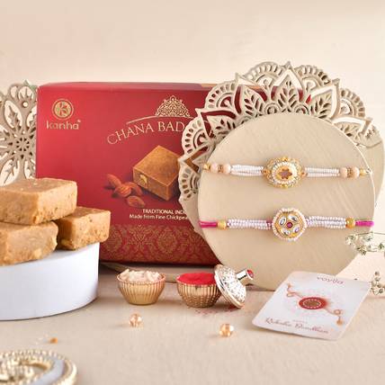 Voylla White Pearls & Colourful Gems Men's Rakhis With Chana Badam Barfi 250 Gms Assorted Gift Box