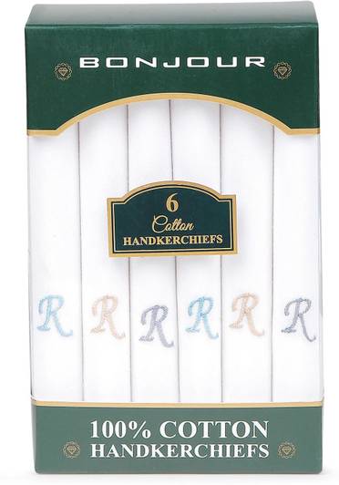 BONJOUR Men's embroidered initial cotton handkerchief-R ["White"] Handkerchief