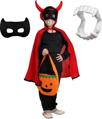 KAKU FANCY DRESSES Red Robe Hooded Cape, Devil Horn, Teeth, Black Eyepatch for Halloween - 3-4 Yrs Kids Costume Wear