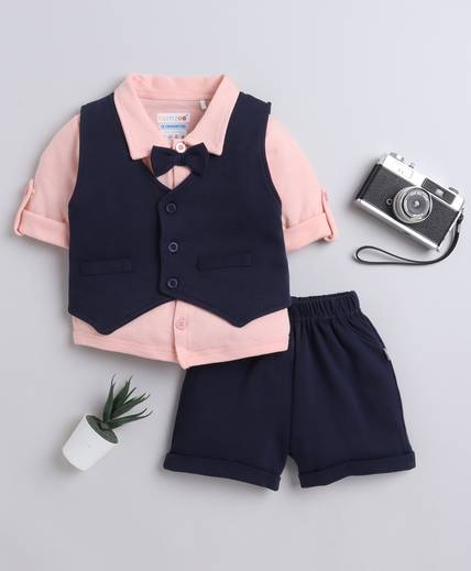 BUMZEE Baby Boys Party(Festive) Shirt Shorts, Waistcoat, Bow Tie