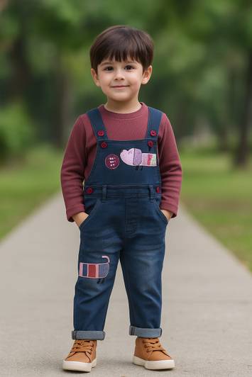 Wishkaro Dungaree For Baby Boys Casual Printed, Applique Cotton Blend, Denim