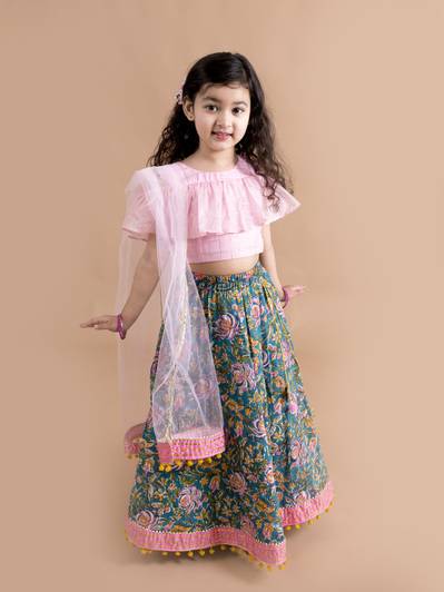 Pspeaches Girls Lehenga Choli Western Wear Floral Print Lehenga, Choli and Dupatta Set