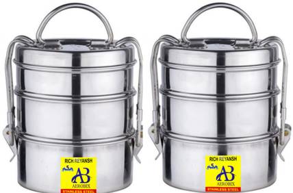 AEROBIX Food Grade Clip Carrier high Quality lunch box (pack of 2 lunch box) 3 Containers Stainless Steel Office Lunch Box