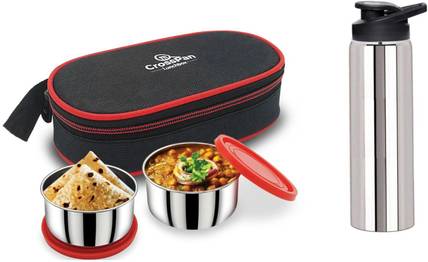 CrossPan Two Stainless Steel Lunch Box / Tiffin Box with SS Bottle 750 ml 2 Containers Stainless Steel College Lunch Box