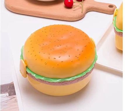 NH WORLD Burger Shape Lunch Box -Leak Proof Lunch Box with 3 Layer 3 Compartment+2 Spoons 3 Containers Plastic School Lunch Box