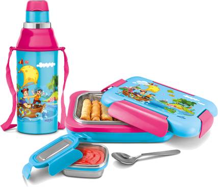 MILTON Explorer Gift Set (Kool Steelight Bottle, 404ml; More Meal Tiffin, 600ml), Green 1 Containers Stainless Steel, Plastic College Lunch Box