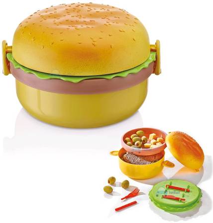 Veryke Burger Shape Lunch Box for Kids - Leak Proof Plastic Box with 3 Layer 1 Containers Plastic College Lunch Box