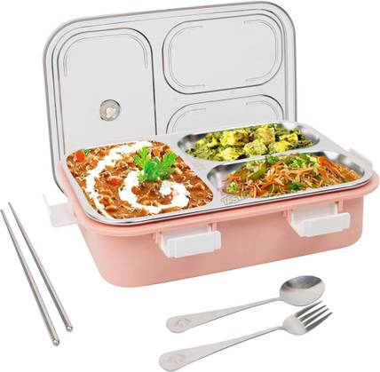 FUNVERSE Stainless Steel Lunch Box Leak Proof with Spoon, Fork & Chopstick For Kids 3 Containers Plastic Office Lunch Box