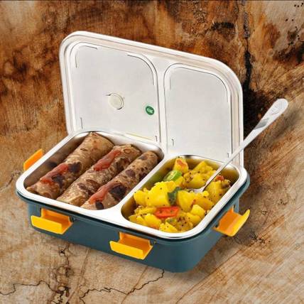 NARV Stainless Steel 2 Compartment Green Lunchbox 750ml _ZZN58 2 Containers Stainless Steel Office Lunch Box