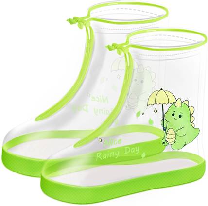 gustave Kids Shoe Covers Cartoon Dino Zip Up Waterproof Anti Slip for Boys Girls Outdoor Plastic Dino Green High Ankle Shoe Cover