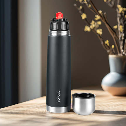 BOROSIL 24 Hours Hot & Cold Thermo Double Wall Vaccum Insulated Steel Flask Bottle 1000 ml Steel Flask Pack of 1, Black