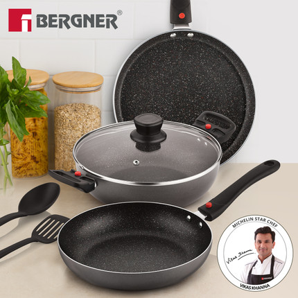 BERGNER Sherry Plus 5-Layer Non-Stick Cookware Set 6 Pcs with Detachable Handle - Induction Bottom Non-Stick Coated Cookware Set Aluminium, 6 - Piece