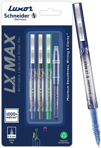 Luxor Schneider LX MAX | Cone Tip | 0.5 mm | 1000+ Meters Writing Length | German Technology Roller Ball Pen Pack of 3, Ink Color - Multicolor
