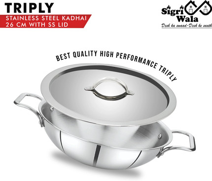 Sigri-wala Cook Healthy SS LID Kadhai 26 cm diameter with Lid 3.3 L capacity (Triply, Induction Bottom)