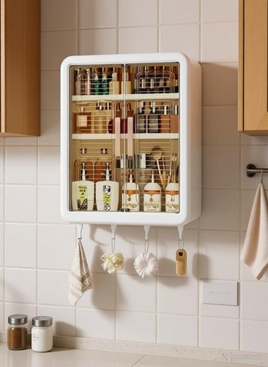 Bhakti Wall-Mounted Self-Adhesive Bathroom & Kitchen Organiser with Doors and Shelves Stainless Steel Wall Shelf