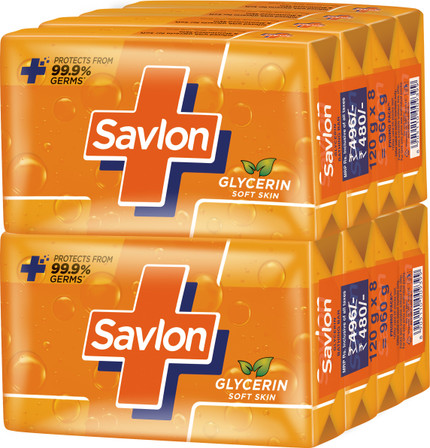 Savlon Glycerin Soap Bar with Protection, Natural Origin Glycerin, 120g Combo Pack 8 x 120 g
