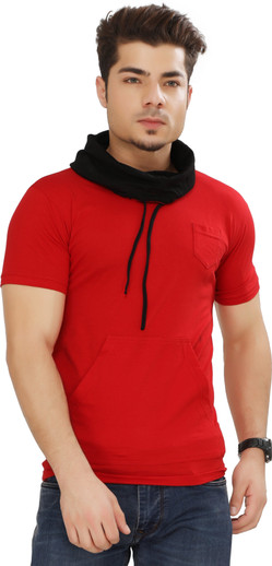 Cocina Solid Men Hooded Red T-Shirt 