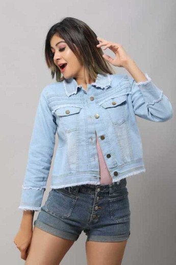 4th Sleeve Washed Women Denim Jacket 