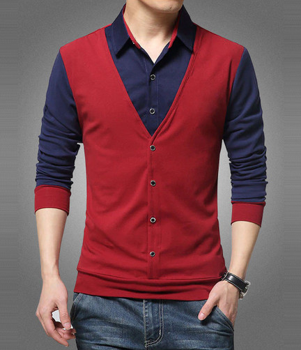 blue cotton color block casual shirt