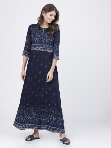 vishudh navy blue printed maxi dress