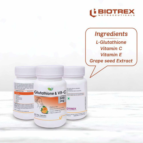 biotrex glutathione BIOTREX NUTRACEUTICALS Glutathione & Vitamin-C Supplement for Skin  Whitening (60 Capsules) Price in India