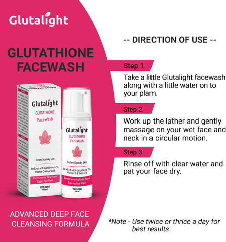 Glutalight Glutathione, Vitamin C, Kojic Acid Skin Lightening Deep Cleansing  60ml, No Parabens, No Sulphates, No Silicone Face Wash
