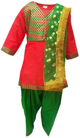 KAKU FANCY DRESSES Indian State Punjabi Folk Dance Costume for Kids/ Salwar  Suit with Dupatta For Girl Costume - Red & Green, 5-6 Years Kids Costume  Wear Price in India - Buy