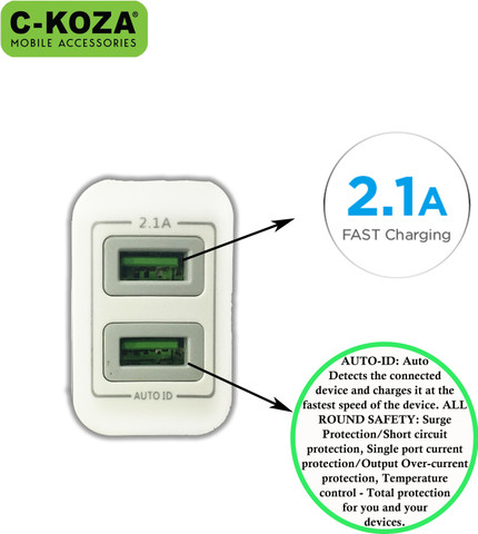 C KOZA 2.1 A Wall Charger for Mobile with Detachable Cable - C