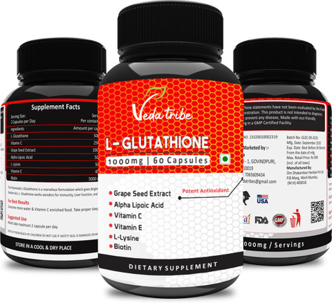 Veda tribe L Glutathione 1000mg 60 Capsules with Grape seed Vitamin C, E  Biotin Supplement Price in India - Buy Veda tribe L Glutathione 1000mg 60  Capsules with Grape seed Vitamin C,