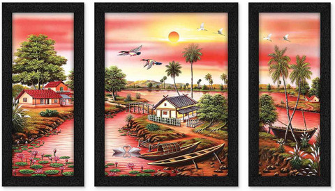 momorin 絵画３点 Art Amori Beautiful Scenery Painting 3 Piece Set with Frame