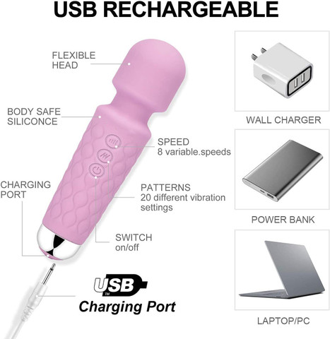 Abhsant Wand Massager Powerful,20 Vibrating Patterns 8 Speeds Powerful Body  Massager Cordless Massage USB Rechargeable Wand massager Massager