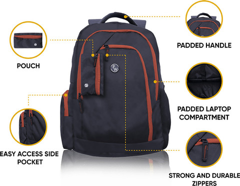 PW Highlighted Zipper Black Laptop Backpack Laptop Bag - PW
