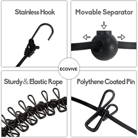 Multifunctional Rope ECOVIVE Portable Multi Functional Drying Rope with 12 Clips and 2 Hooks ...