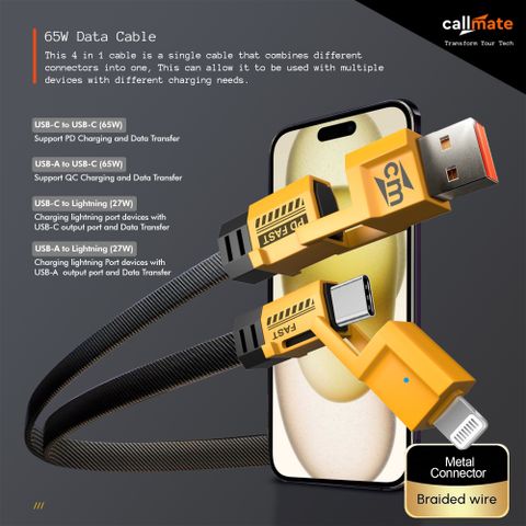 Callmate USB Type C Cable 1.5 m 4 in 1 65W Metal Fast Charging & Data ...