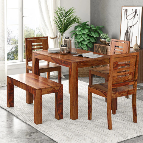 Seater Dining Table Chair For Restaurant PR FURNITURE Premium Quality Sheesham Wood Four Seater Dining Table Set  With Three Chair, One Bench For Dining Room And Restaurant Finish :- Rustic  Teak Solid Wood Seater Dining Set Price
