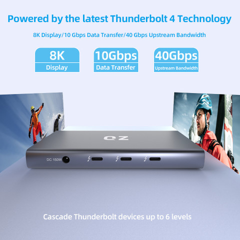 QZ Thunderbolt 4 Hub, 8K 60Hz, Dual Display, 5 in 1, 40 Gbps