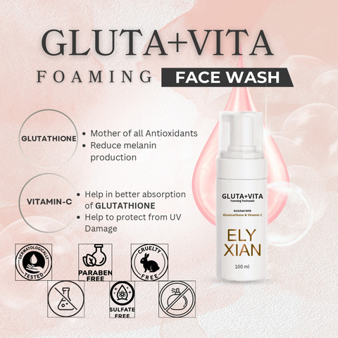 glutathione vitamin c face wash elyxian Gluta Vita with Glutathione & Vitamin C | Advanced Skin Brightening  & Hydration | Deep Cleansing & Anti-Aging | For All Skin Types | 100ml Face  Wash