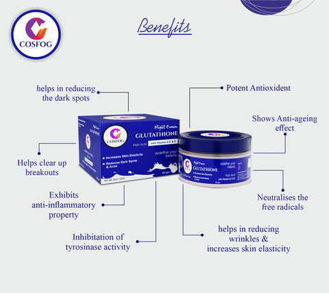 COSFOG 1 Glutathione Night Cream 50gm with Kojic Acid, Vit. A,C,E & 1  Aloe-vera Gel 120ml for Skin glowing, acne, moisture, darkspots Price in  India