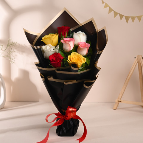Floweraura Fresh Live Flower Bouquet of 8 Mix Roses Flowers Rose