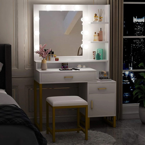 AF Dressing Table: Gold and White Vanity Set with Lighted Mirror & Stool  Table Frame Price in India - Buy AF Dressing Table: Gold and White Vanity  Set with Lighted Mirror &
