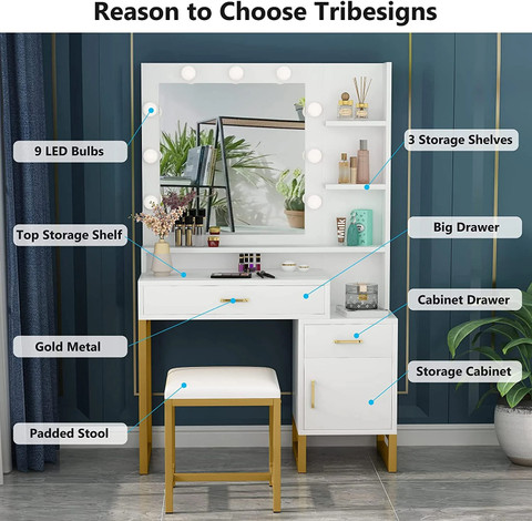AF Dressing Table: Gold and White Vanity Set with Lighted Mirror & Stool  Table Frame Price in India - Buy AF Dressing Table: Gold and White Vanity  Set with Lighted Mirror &