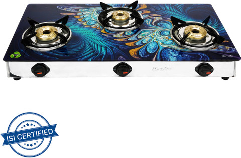 Master Peacock Designer 3 Burner Glass, Stainless Steel Manual Gas
