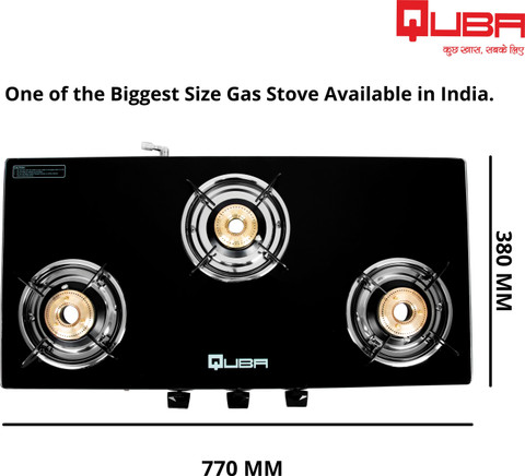 Quba 3 Burner Gas Stove With 8mm Toughened Glass Top (2 Year