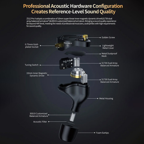 KZ IEM ZS12 ProX with Mic, 10mm DD with 5 BA Drivers, Silver