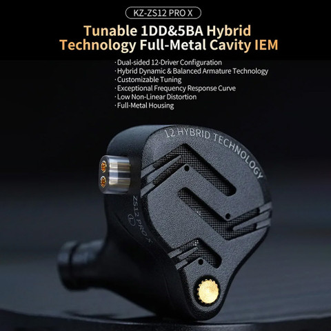 KZ IEM ZS12 ProX with Mic, 10mm DD with 5 BA Drivers, Silver