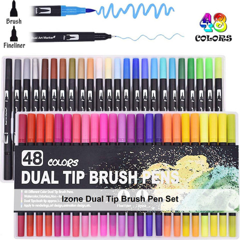 izone 48 dual tip marker pens watercolor brush pen tip Marker set of  48,Fine and Brush Tip Colored Pens for Coloring,Art,Sketching,Bullet