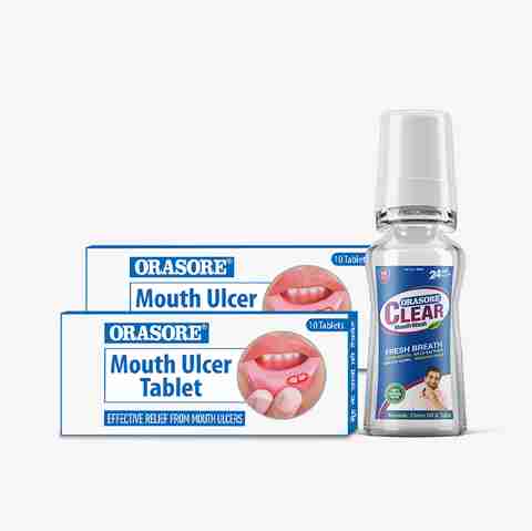 Ulcerease Mouth Rinse Orasore Combo Pack of Mouth Ulcer Tablets(10) with Free Pen and Clear ...
