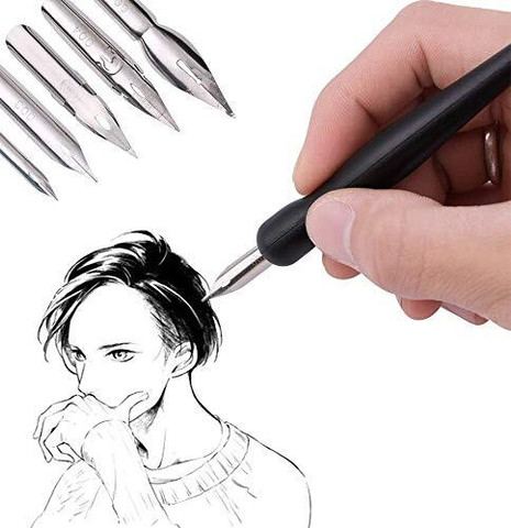 FRKB Manga Calligraphy Dip Pen Set With Universal Nib Holder,Black